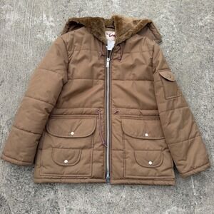 Vintage Envoy The Now Jacket Tan Brown Quilted Puffer Parka Faux Fur Hood Mens L